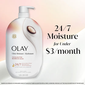 Olay bottle styled on bath shelf communicating premium skincare and daily ritual