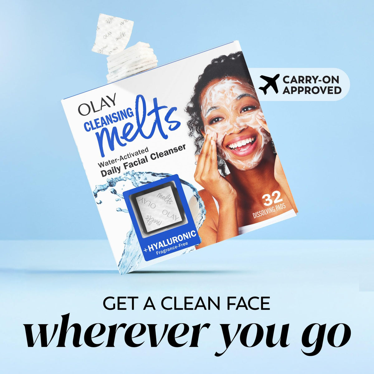 Olay cleansing melt being used at a bathroom sink demonstrating simple three-step routine
