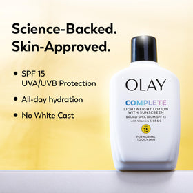 Olay label close-up displaying active SPF ingredients and vitamins