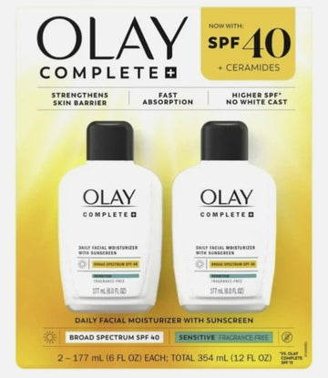 Olay Complete front packaging showing two bottles and SPF 40 protection benefit