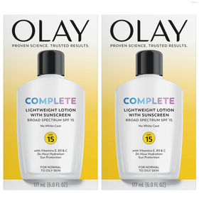 Olay front packaging showing 2-pack and SPF 15 for everyday protection
