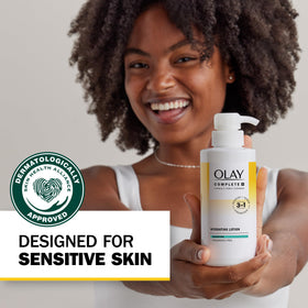 Olay complete+ applied on hand demonstrating non-greasy finish benefit