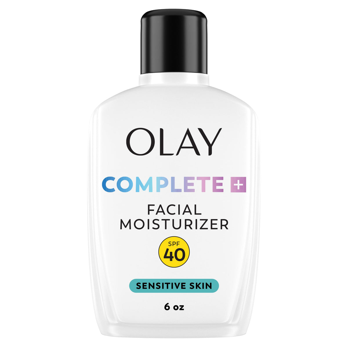 Olay Complete+ front packaging showing SPF 40 protection and fragrance-free benefit