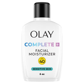 Olay Complete+ front packaging showing SPF 40 protection and fragrance-free benefit