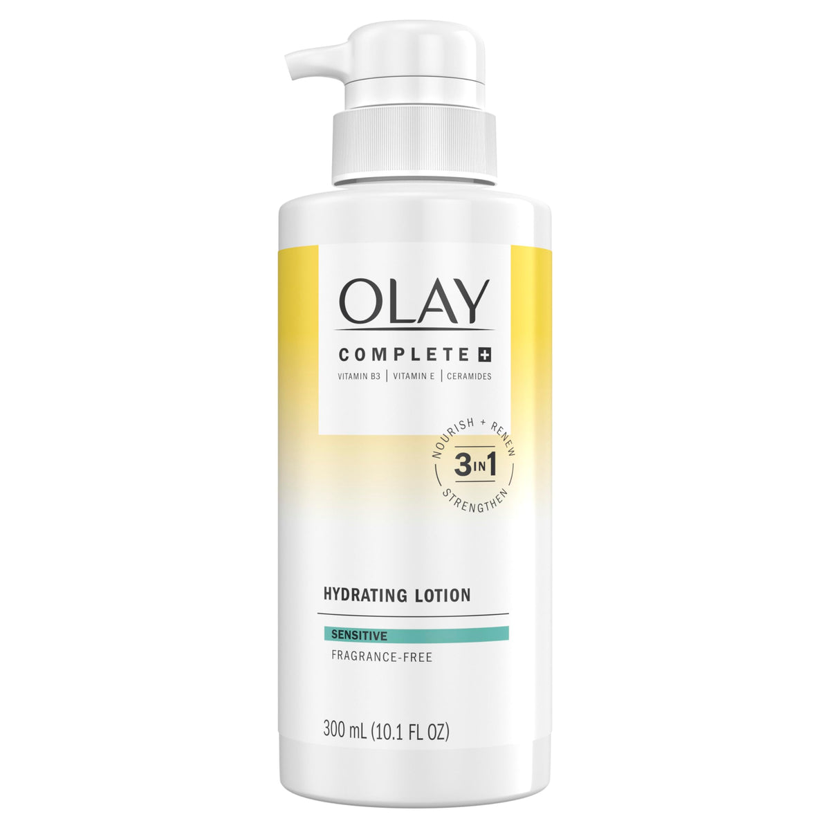 Olay complete+ front packaging showing clean fragrance-free formula benefit