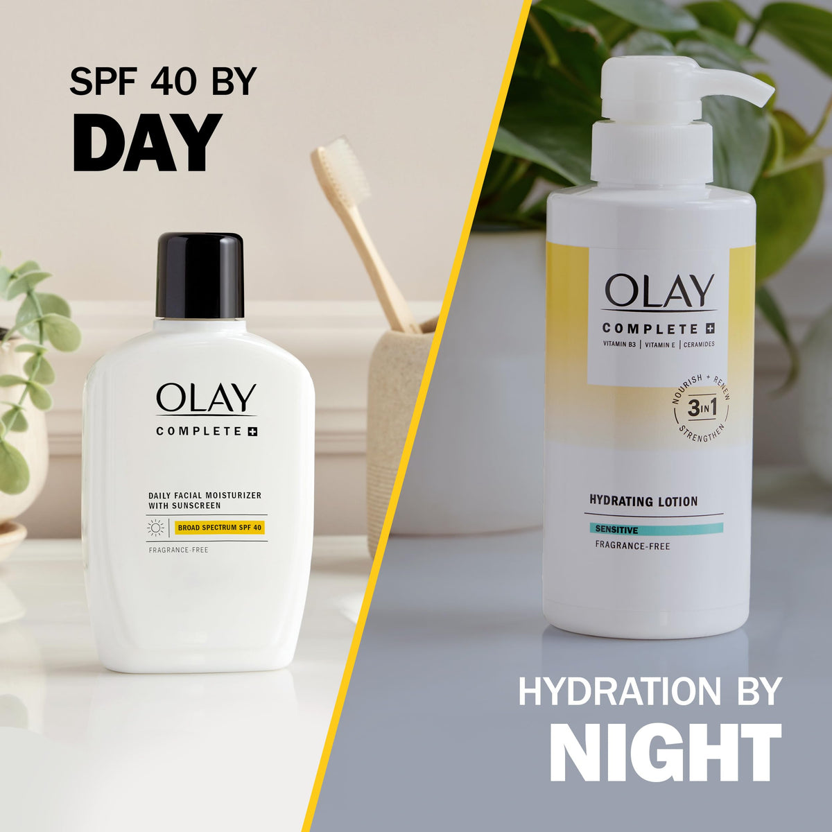 Olay complete+ placed on bathroom shelf as part of daily routine benefit