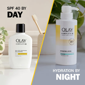Olay complete+ placed on bathroom shelf as part of daily routine benefit