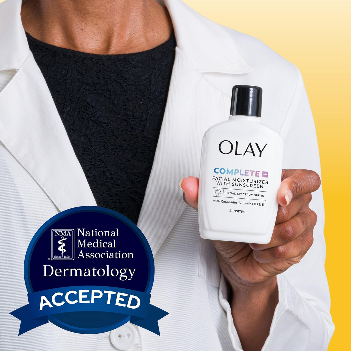 6 oz Olay Complete+ bottle next to common items to show actual size