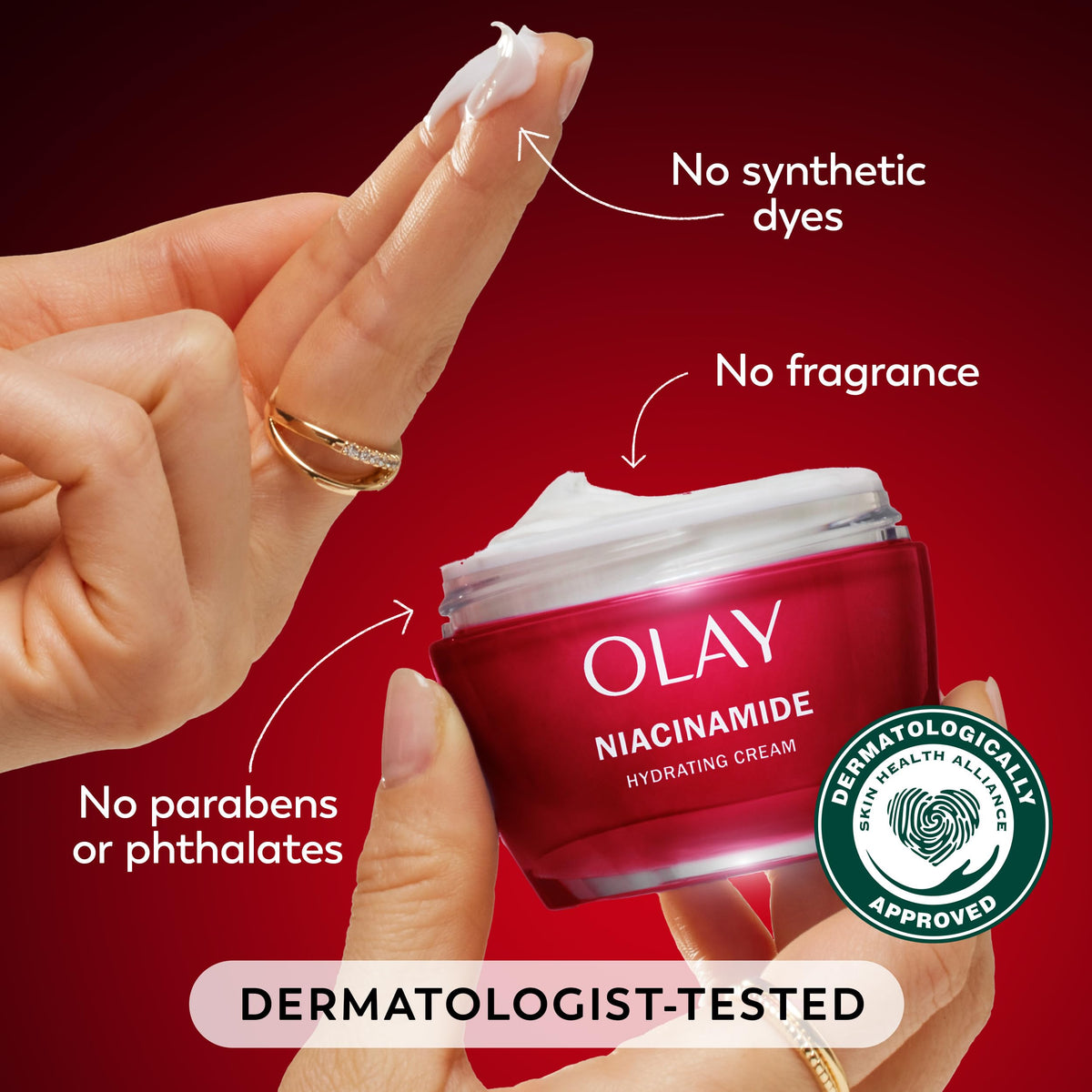 Olay cream being smoothed onto face and neck to show quick absorption