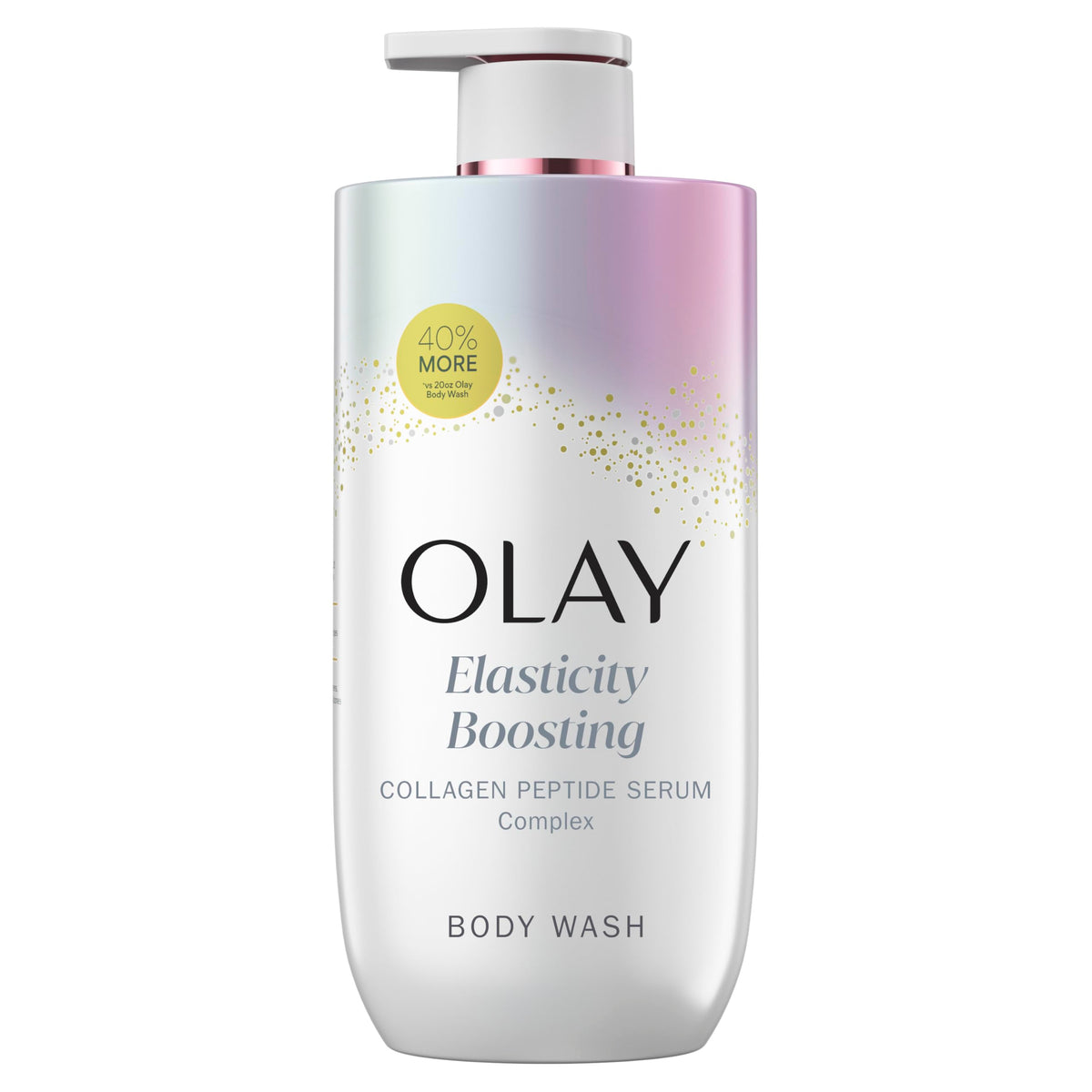 Olay front bottle showing elasticity boosting body wash benefits