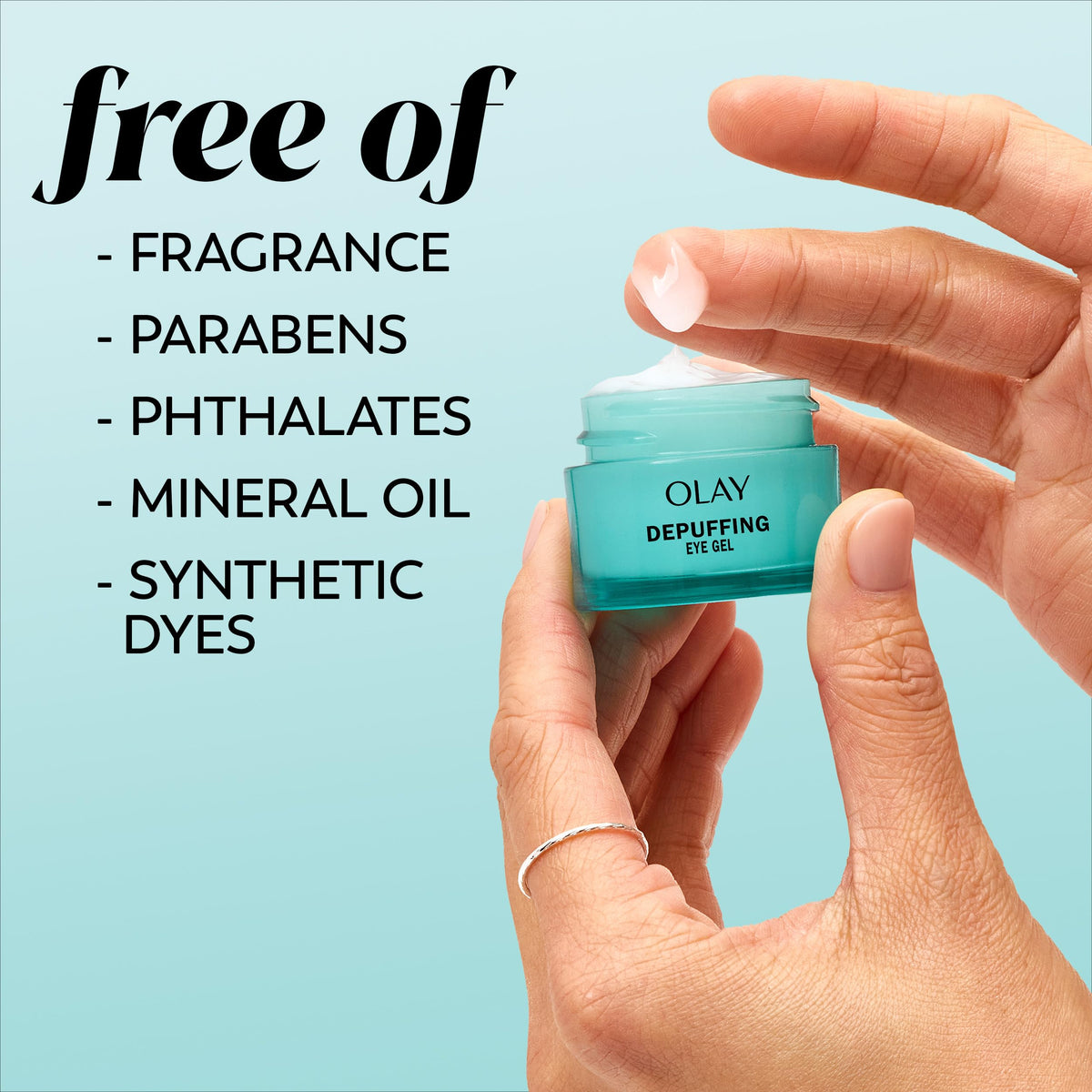 Olay eye cream staged with makeup to show compatibility under cosmetics