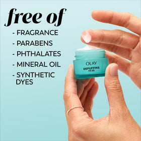 Olay eye cream staged with makeup to show compatibility under cosmetics