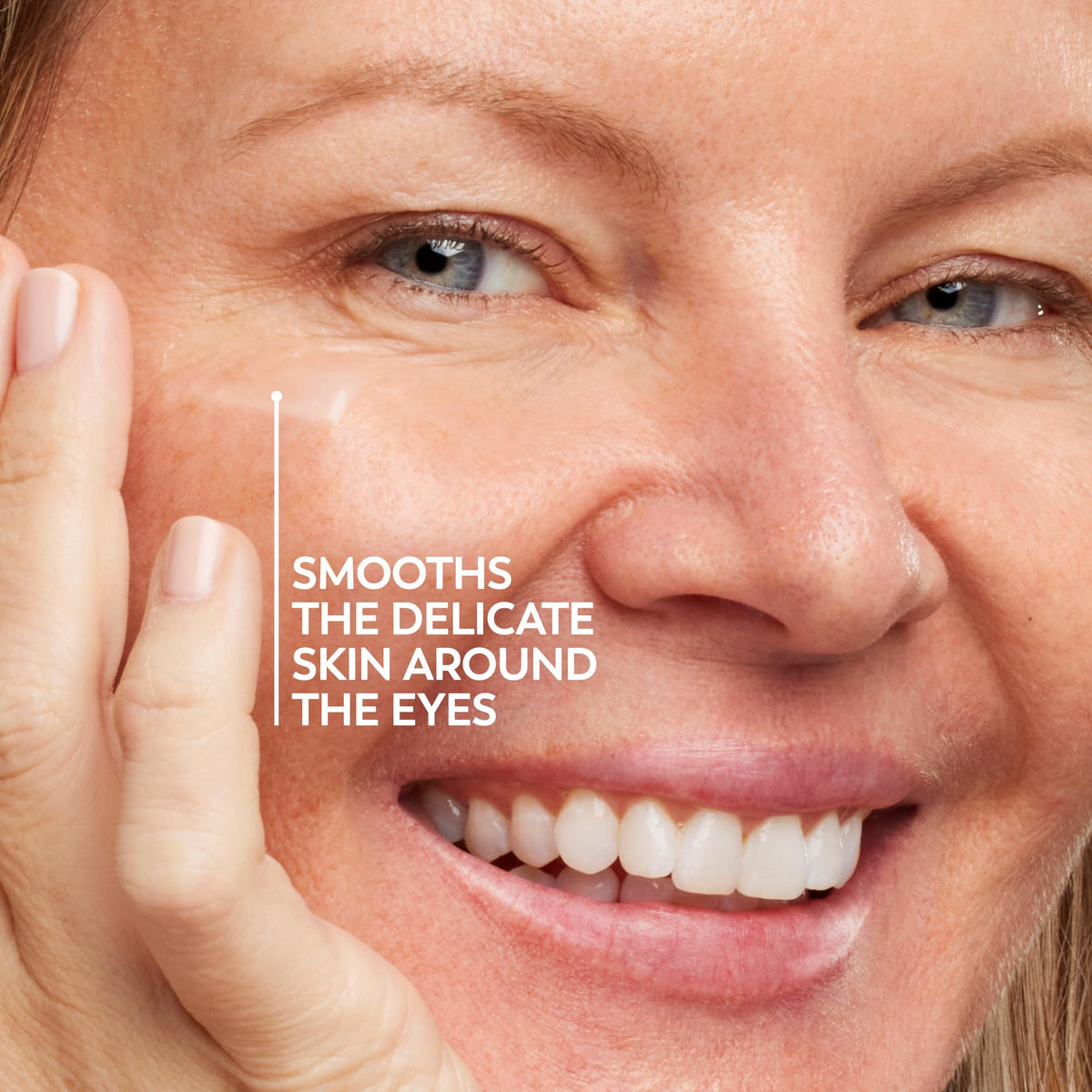 Applying Olay eye gel under eye demonstrating quick absorption benefit