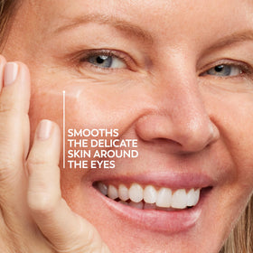 Applying Olay eye gel under eye demonstrating quick absorption benefit