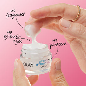 Close-up of Olay label listing hyaluronic acid and niacinamide benefits