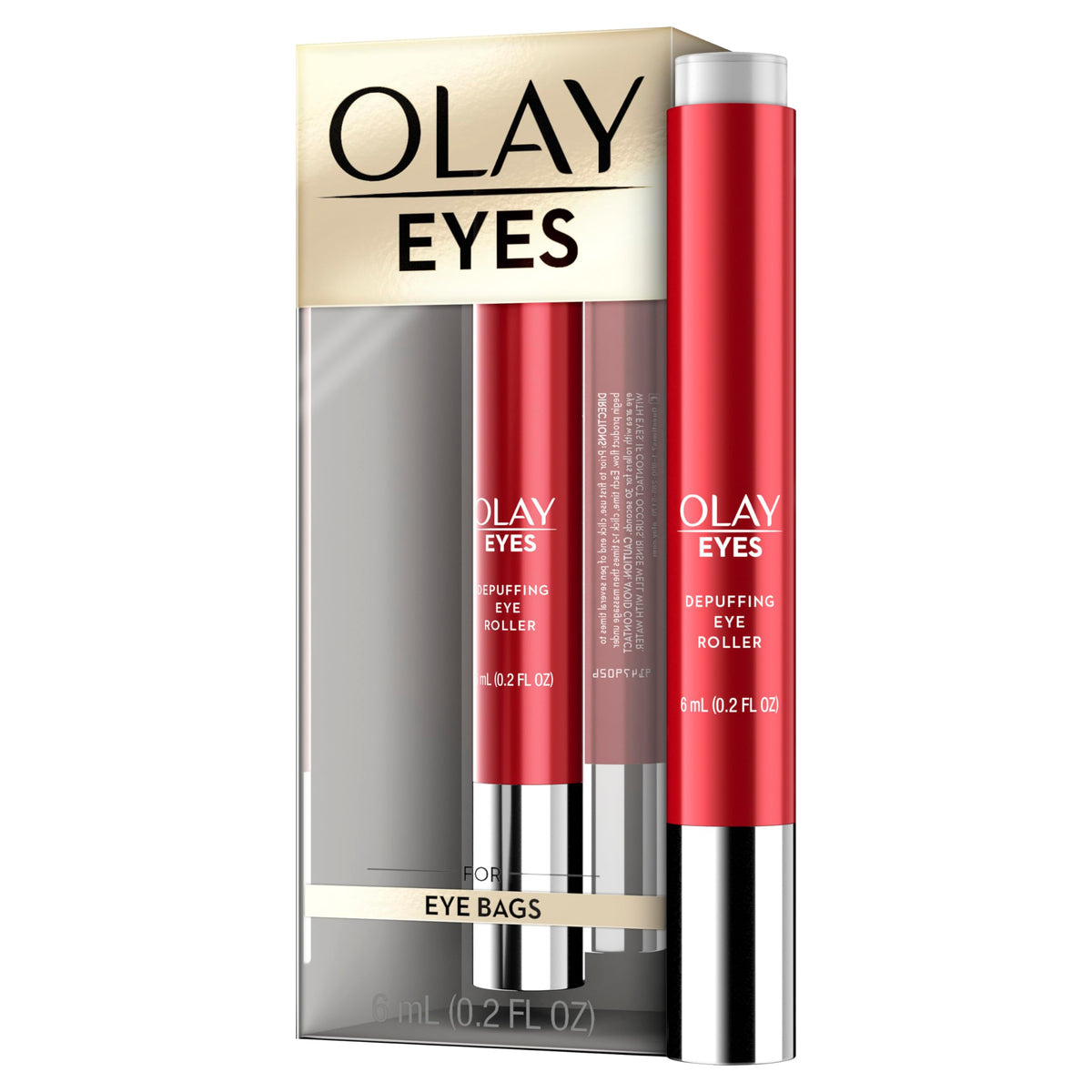 Olay eye roller front packaging showing compact travel-friendly applicator benefits