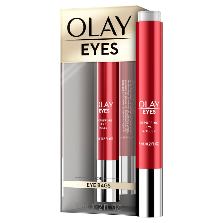 Olay eye roller front packaging showing compact travel-friendly applicator benefits