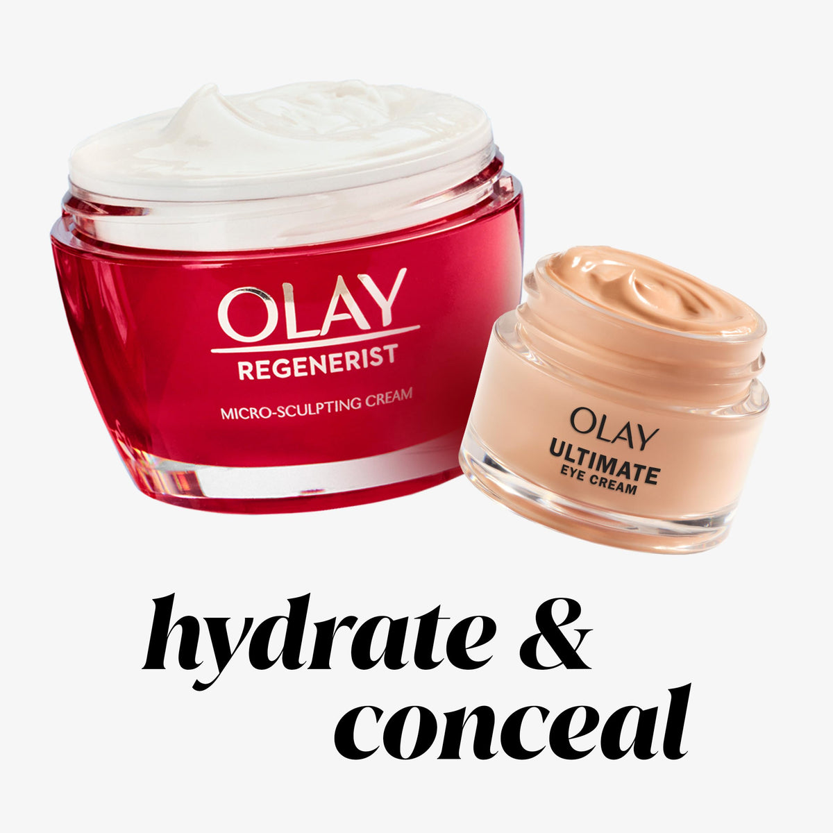 Olay ingredient focus with niacinamide and peptides visuals to show renewing benefits
