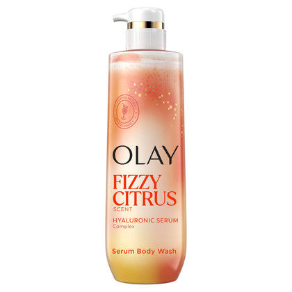 Olay front bottle showing Fizzy Citrus hydrating serum body wash benefits
