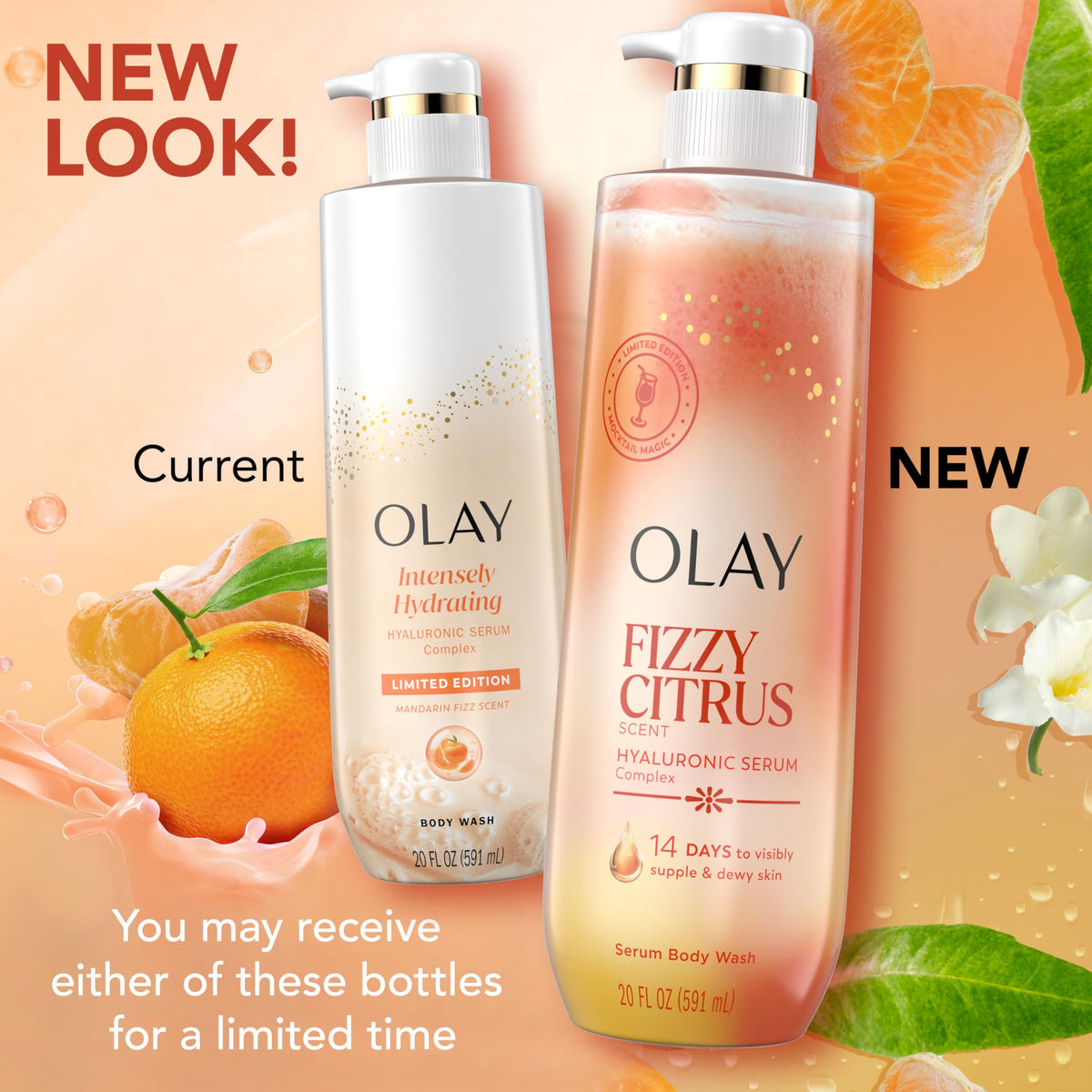 Olay bottle next to a hand for scale showing 20 fl oz size benefit