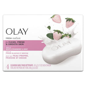 Olay cooling white strawberry and mint front packaging showing four bars benefit: convenient multipack