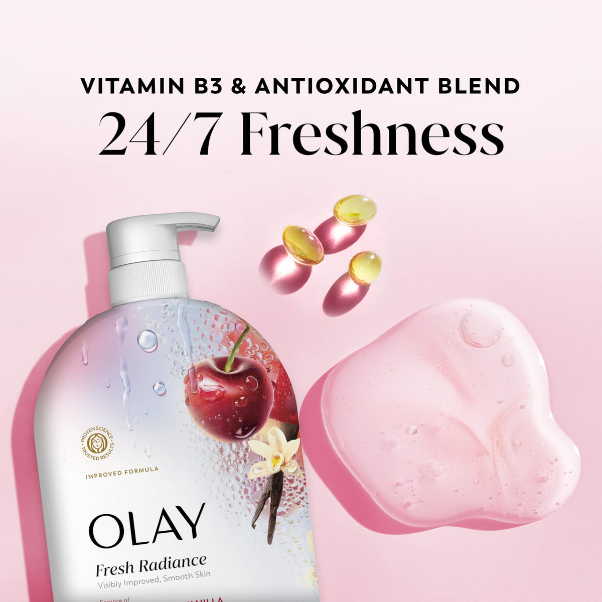 Olay 35 fl oz bottle next to hand for scale, emphasizes generous supply