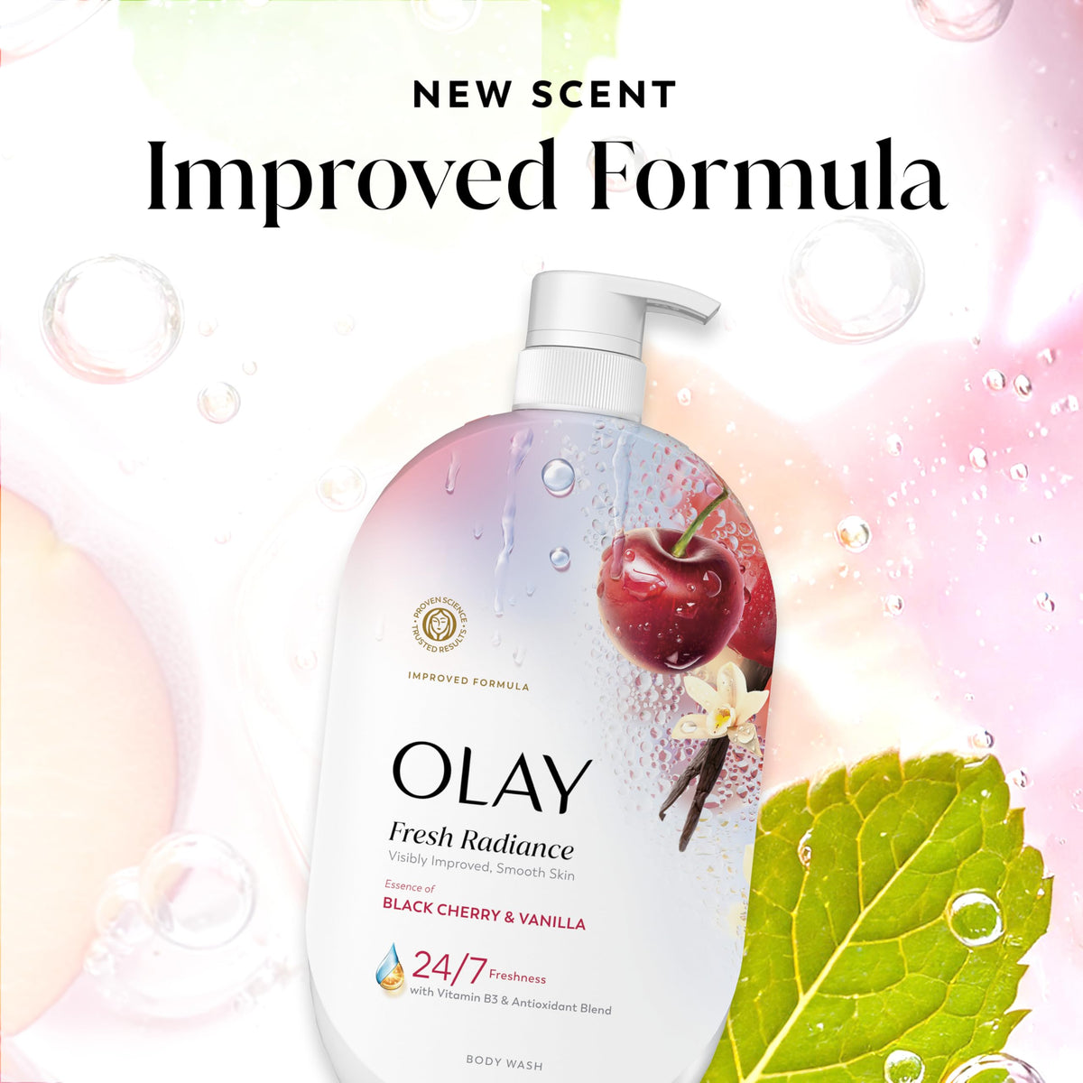 Olay bottle staged on bathroom shelf, suggests everyday luxury and freshness