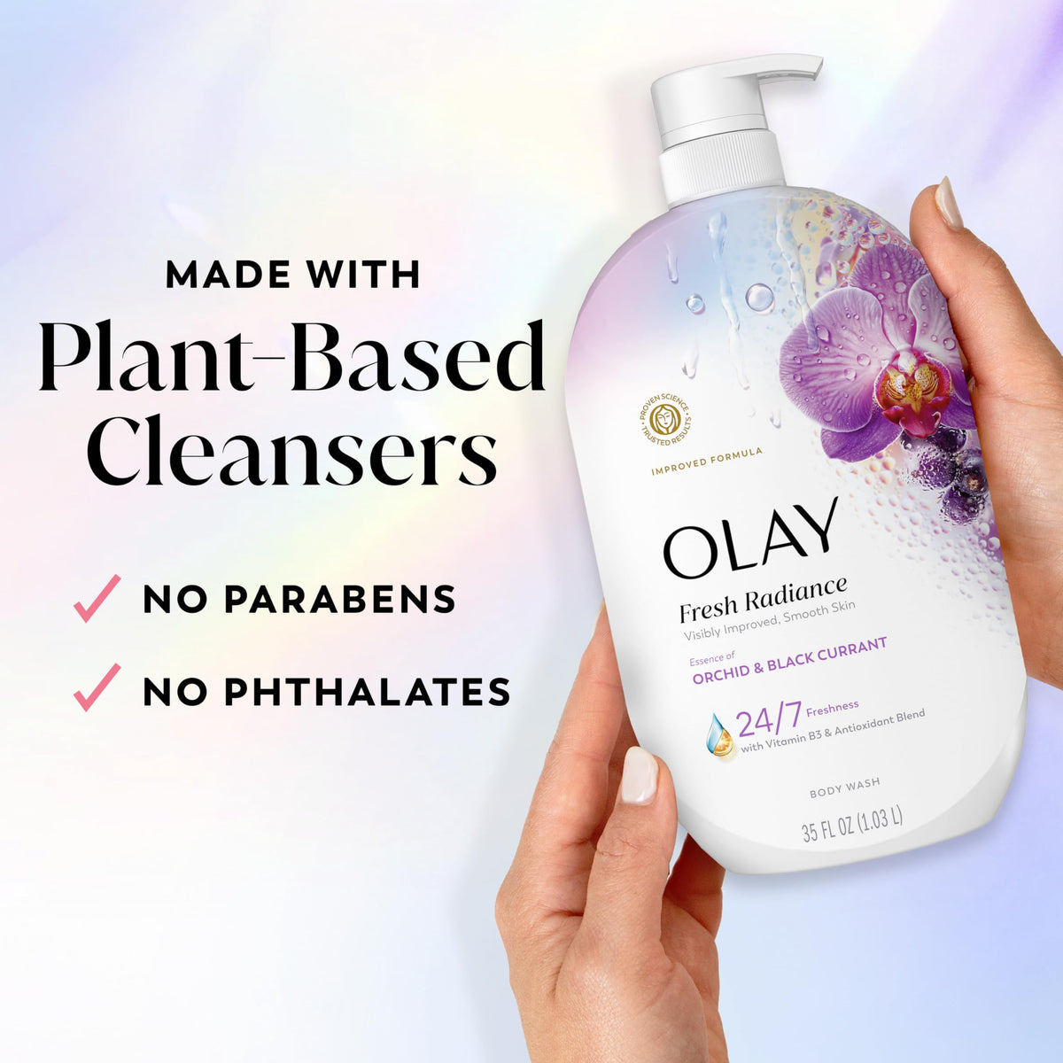 Olay bottle size comparison showing 35 fl oz large format for long use