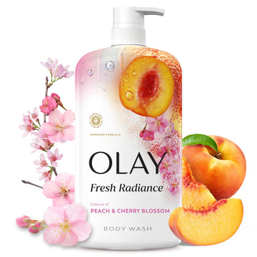 Olay front bottle showing Fresh Radiance label and peach blossom scent for radiant skin