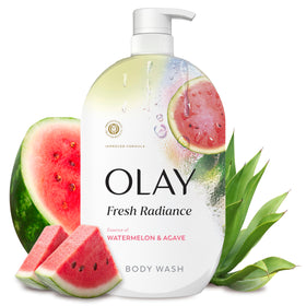 Olay front bottle view showing branding and fresh radiance benefit