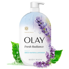 Olay front packaging showing radiant label and generous 35 fl oz size benefit