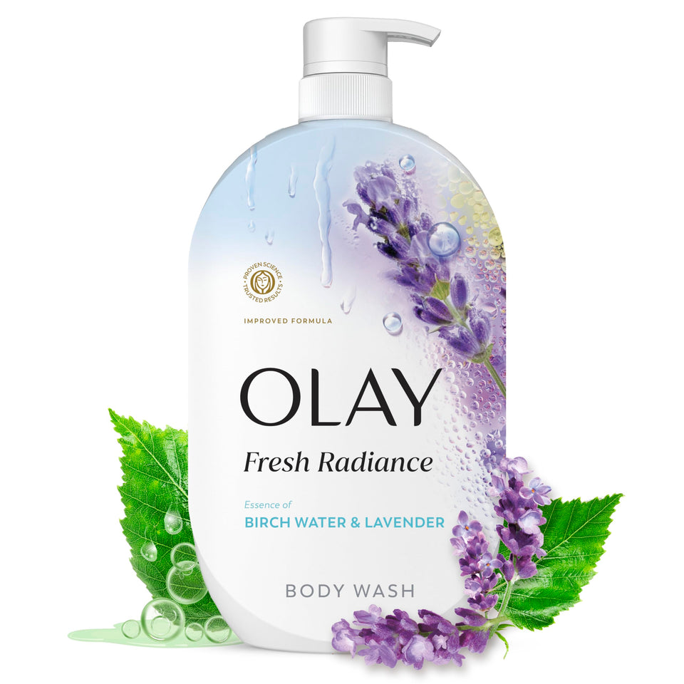 Olay front packaging showing radiant label and generous 35 fl oz size benefit