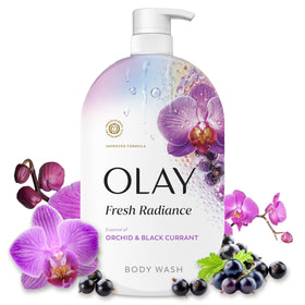 Olay bottle front packaging showing Orchid and Black Currant scent for radiant skin