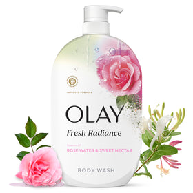 Olay bottle front packaging showing product benefits and scent