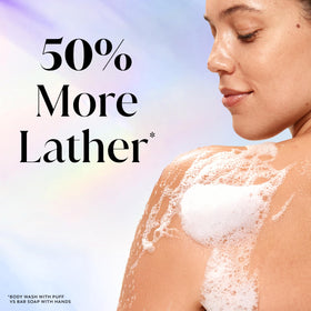 Olay being applied in shower illustrating easy lather and thorough rinse