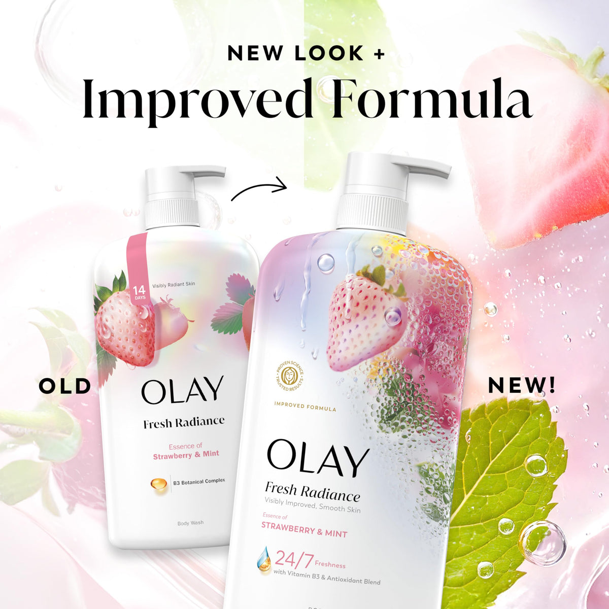 Olay body wash next to Olay lotion promoting paired moisturizing