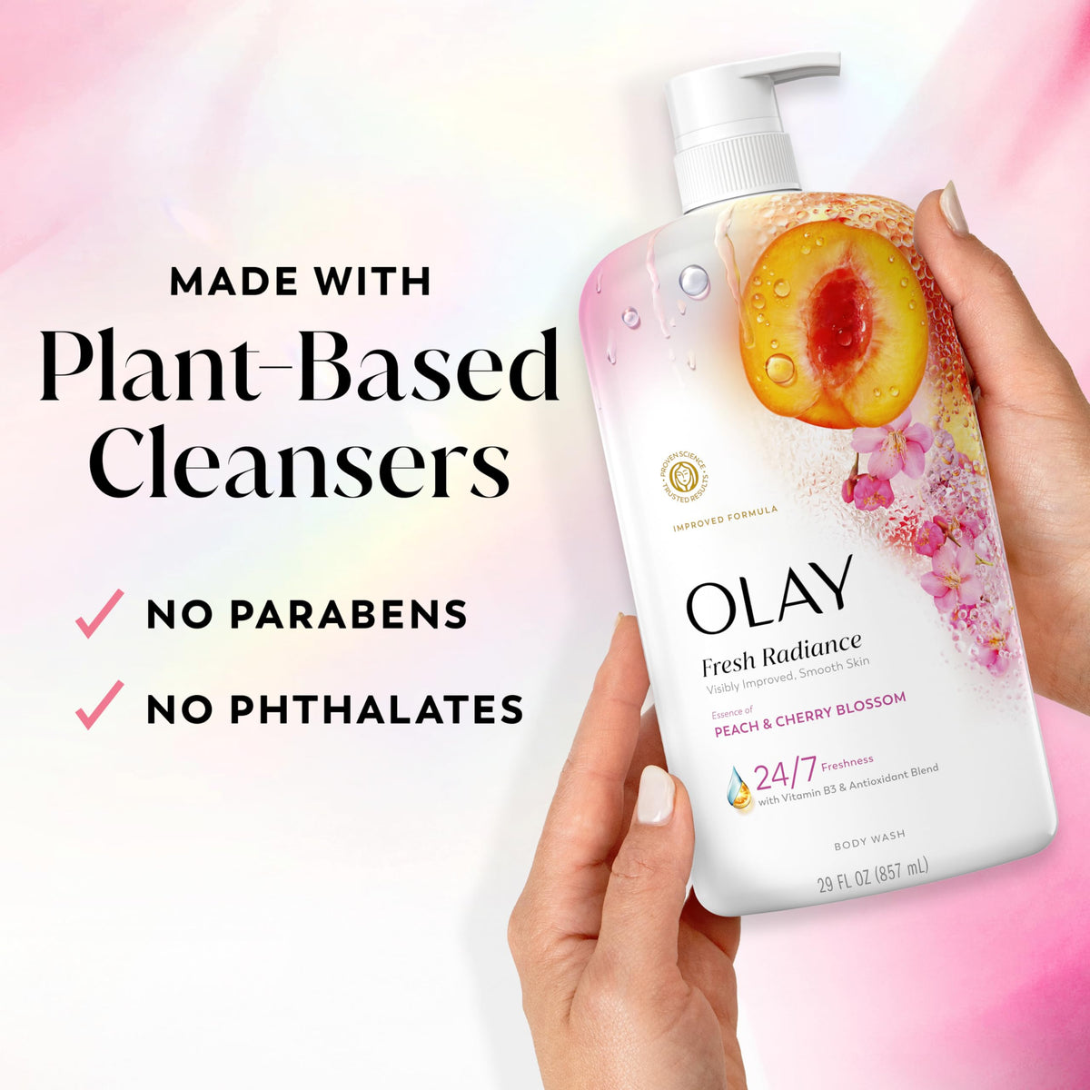 Olay 29 fl oz bottle beside common items showing large size and value benefit