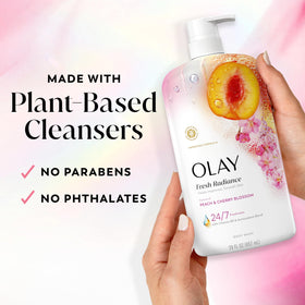 Olay 29 fl oz bottle beside common items showing large size and value benefit