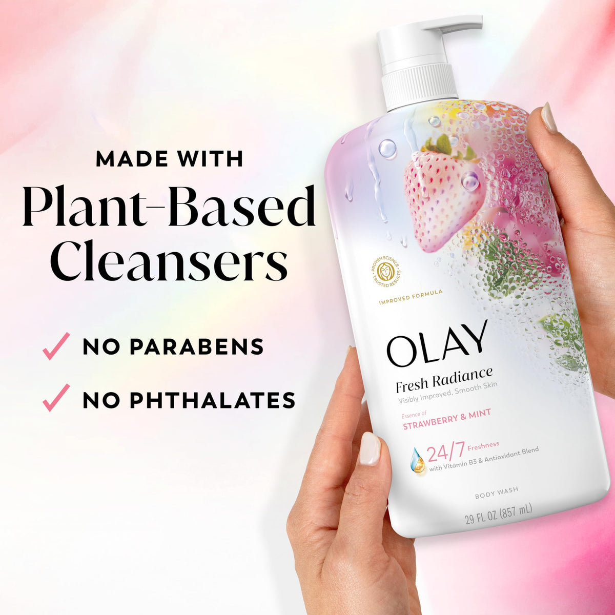 Strawberry and mint display evoking Olay scent and invigorating feel