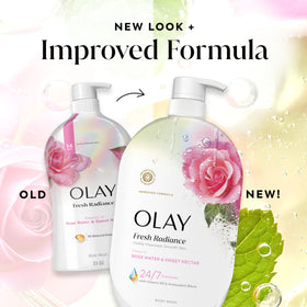 Olay Fresh Radiance bottle with Olay lotion illustrating full routine