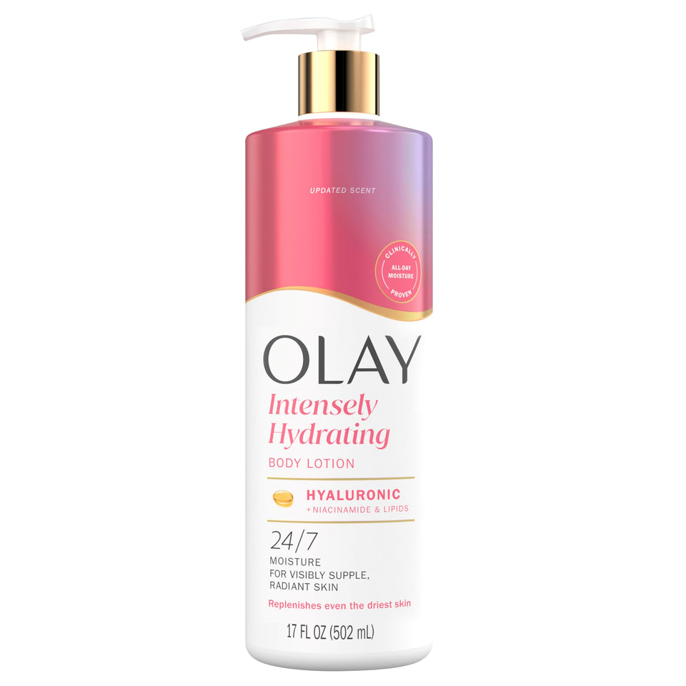 Olay front bottle showing label and moisturizing benefits