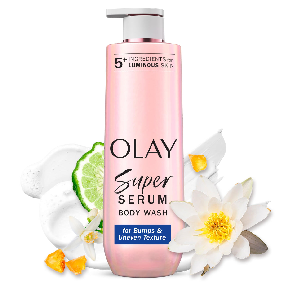 Olay front bottle showing product and luminous benefit