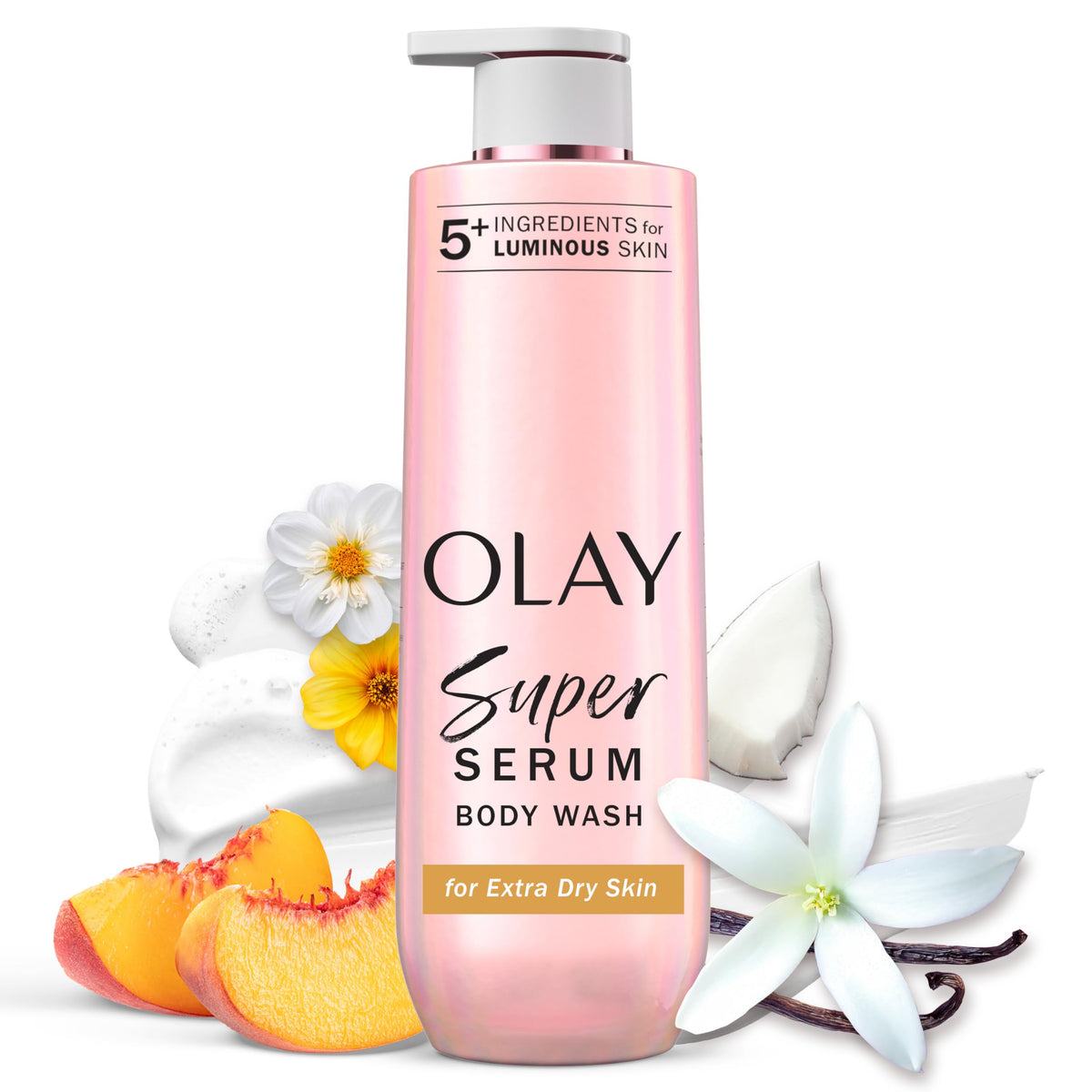 Olay front bottle showing product and easy-pump for daily hydration