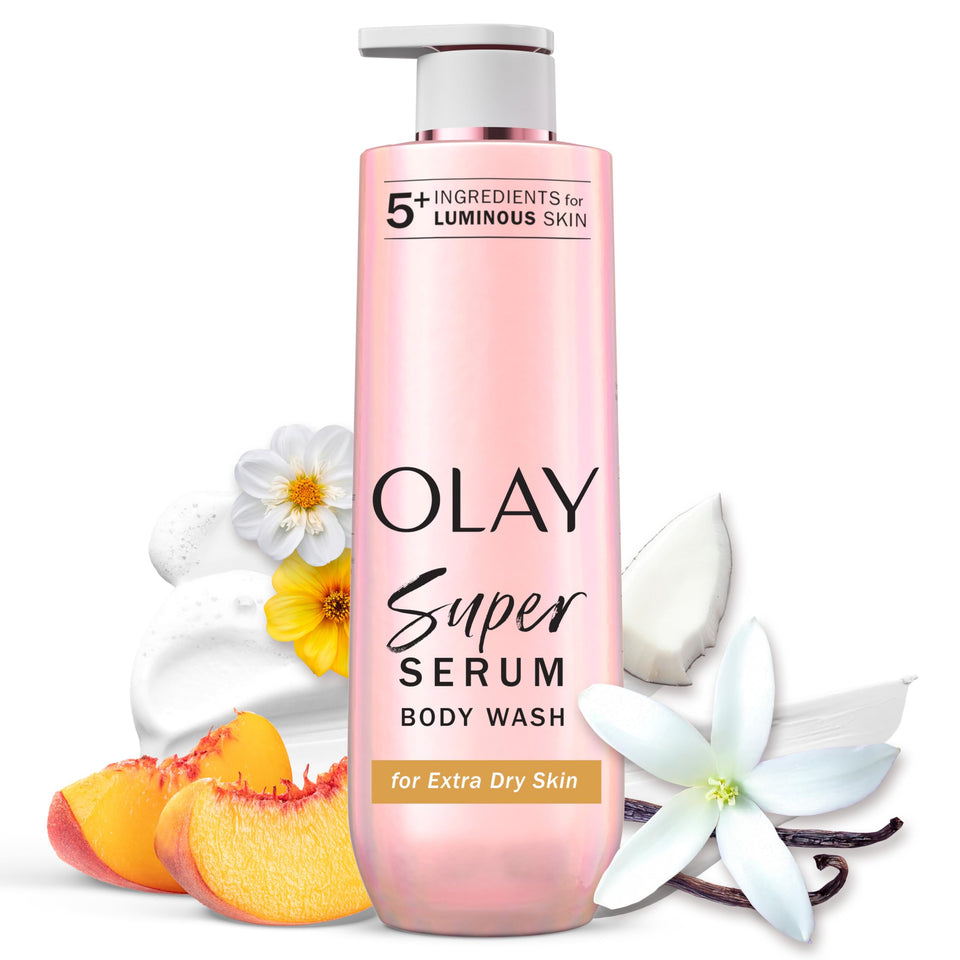 Olay front bottle showing product and easy-pump for daily hydration