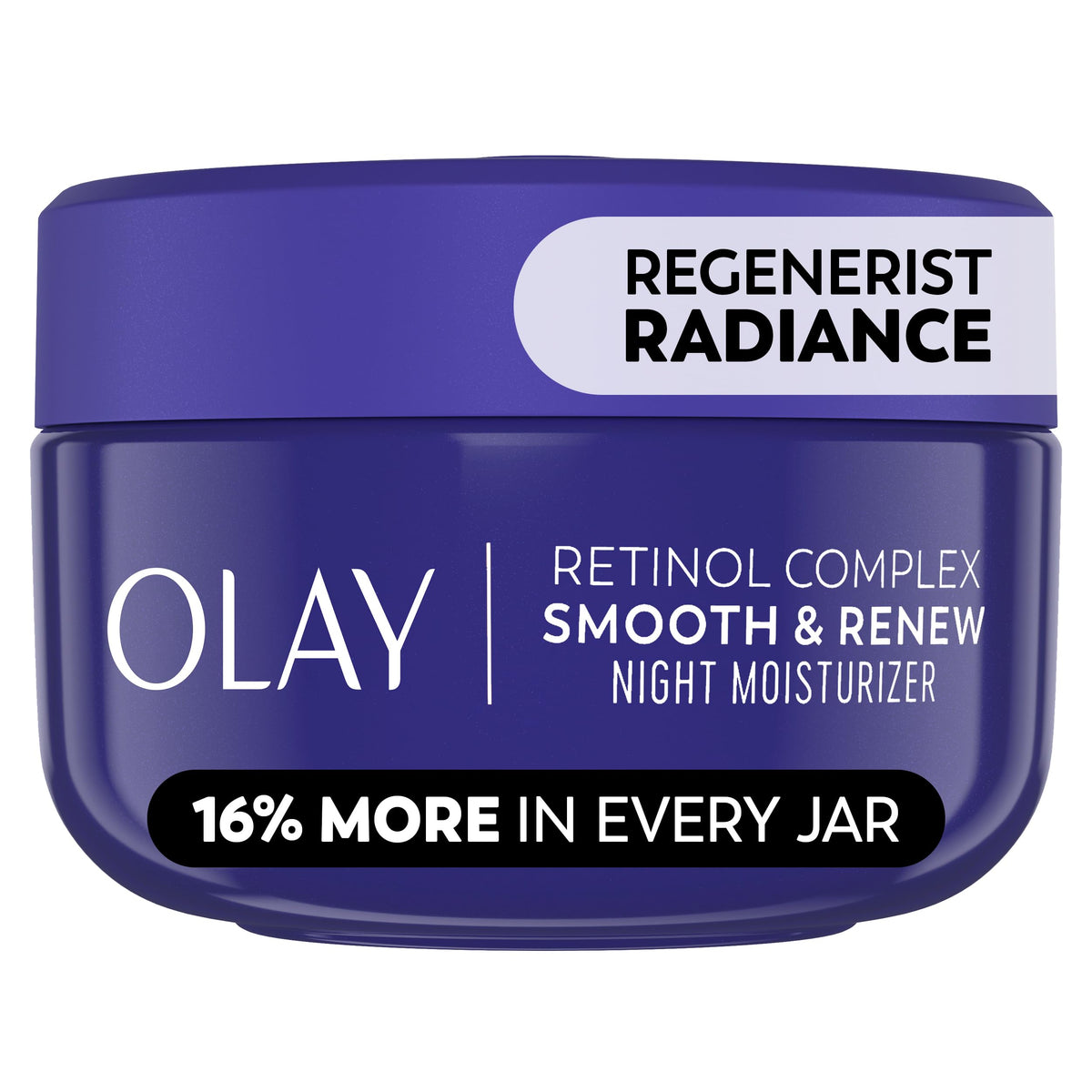 Olay front jar showing regenerist radiance retinol packaging and overnight benefits