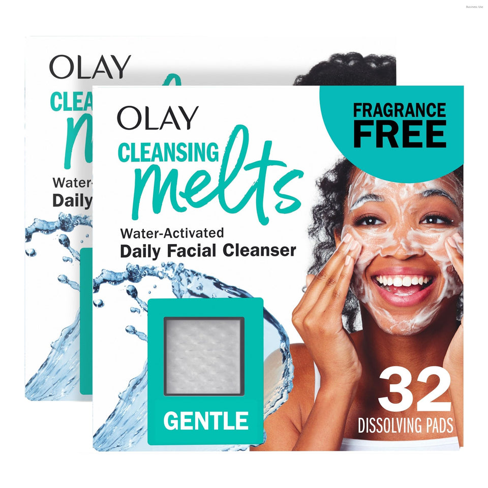 Olay front packaging showing two 32ct packs and travel convenience