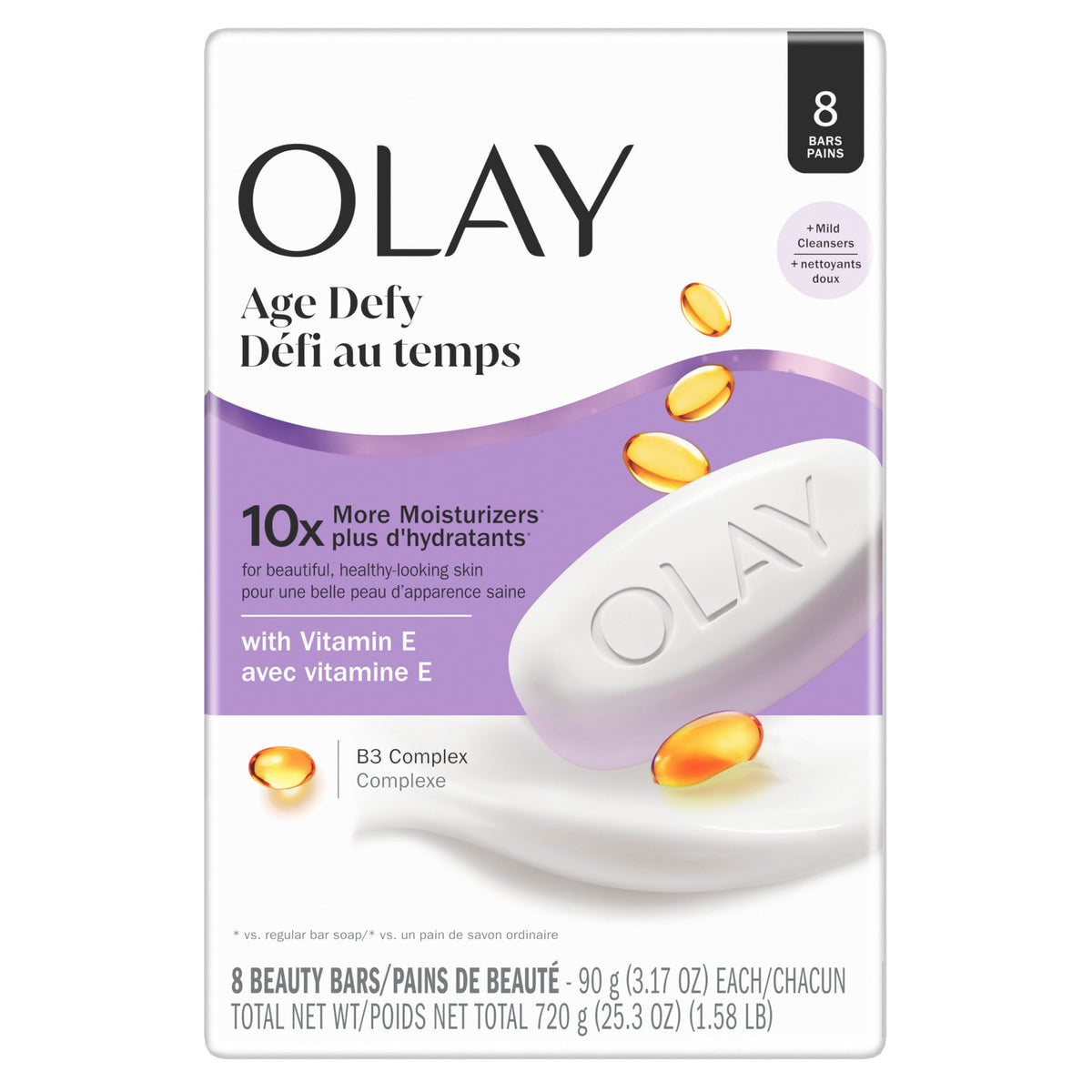Olay front packaging 8 pack showing bars and benefits for softer skin