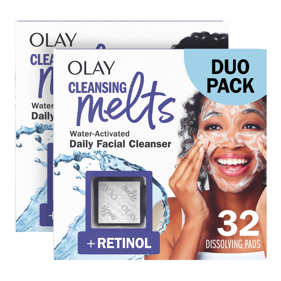 Olay front packaging showing cleansing melts for travel convenience