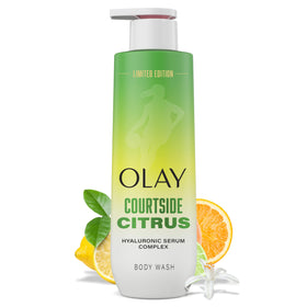 Olay front packaging showing Court Queen Citrus label and hydration benefit