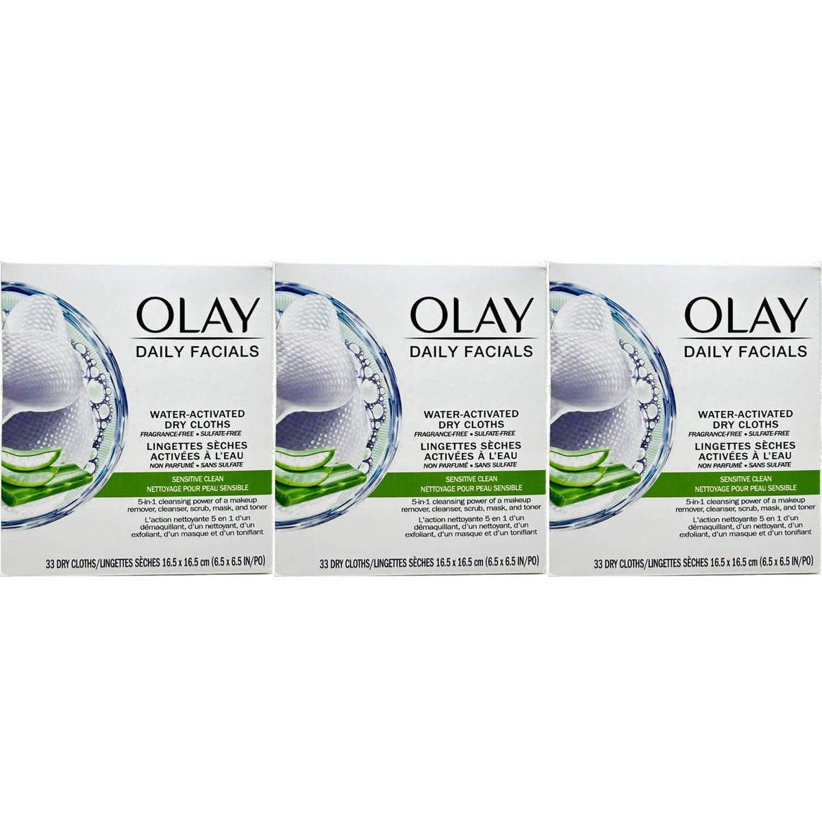 Olay front packaging showing 33-count pack and benefits
